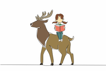 Single one line drawing girl reading book on cute horned deer. Find difference between male and female deer by reading. Girl Reading Book at Animal Back. Continuous line design graphic illustration