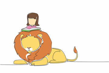 Single one line drawing girl reading book on cute lion. Girl Reading Book at Animal Back. Reading books can be anywhere. Good seeker of knowledge. The nerd. Continuous line design graphic illustration