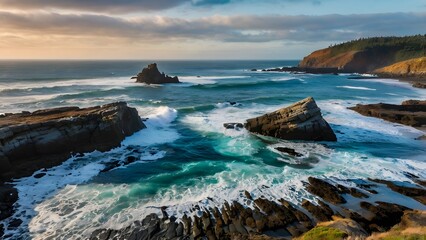serene coastal landscape at sunset