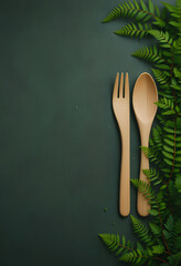 Natural Kitchen Mood: Wooden Cutlery Set with Greenery on Green Surface

