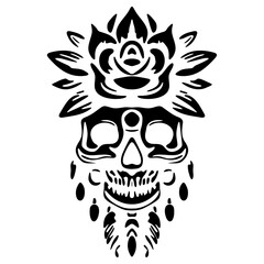 A silhouette of a skull adorned with a single flower, symbolizing the contrast between life and death.