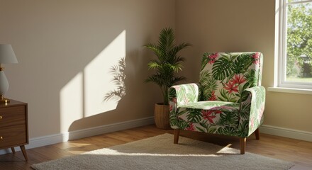 Sunlit interior room with armchair