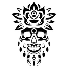 A silhouette of a skull adorned with a single flower, symbolizing the contrast between life and death.