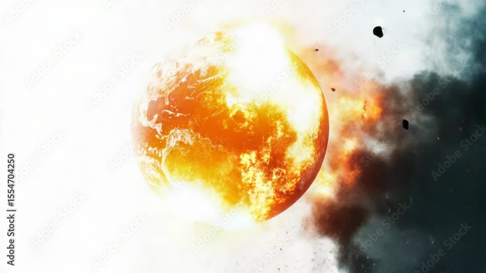 Poster a planet explodes in the sky, fiery debris and gas clouds fill the atmosphere