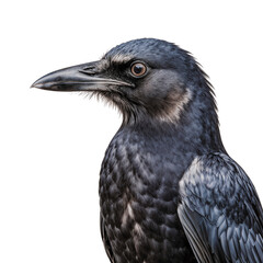 Intense Raven Portrait: Close-up headshot of a majestic raven, showcasing its sharp beak, piercing eyes, and textured plumage.