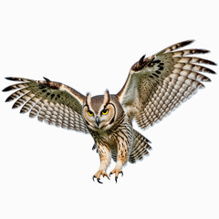 Majestic Owl in Flight: A great horned owl gracefully soars through the air, its powerful wings outstretched, a symbol of wisdom and the wild.