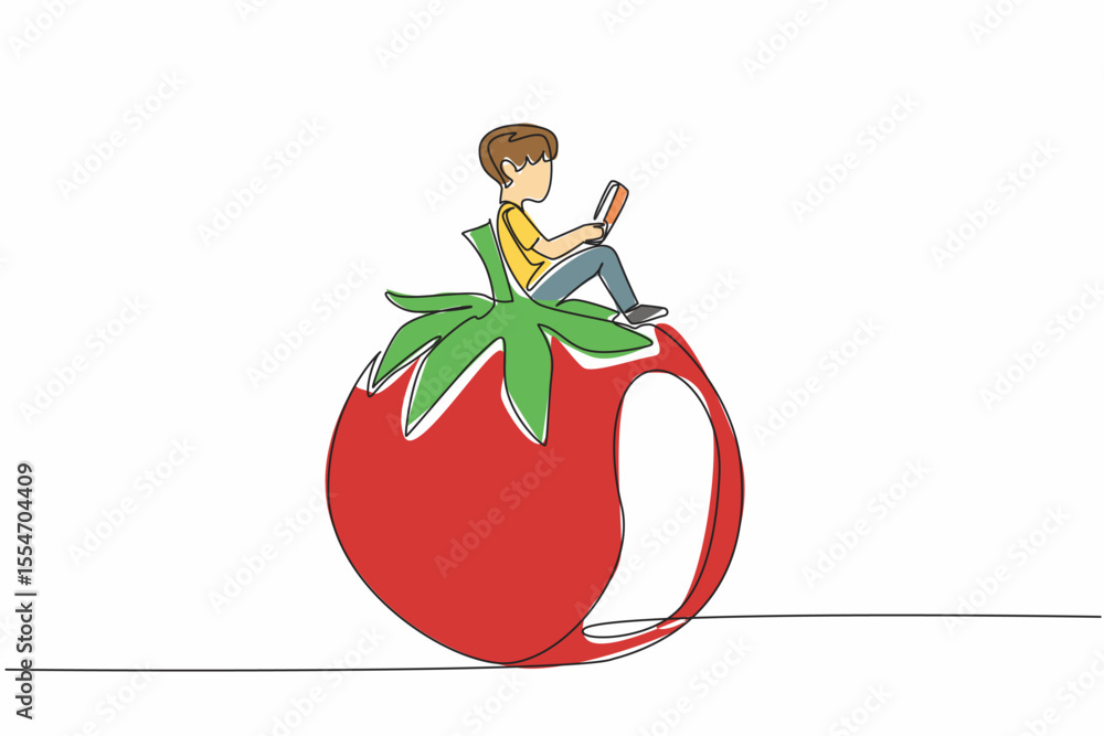 Poster continuous one line drawing young boy reading on tomato. read seriously. looking for additional know