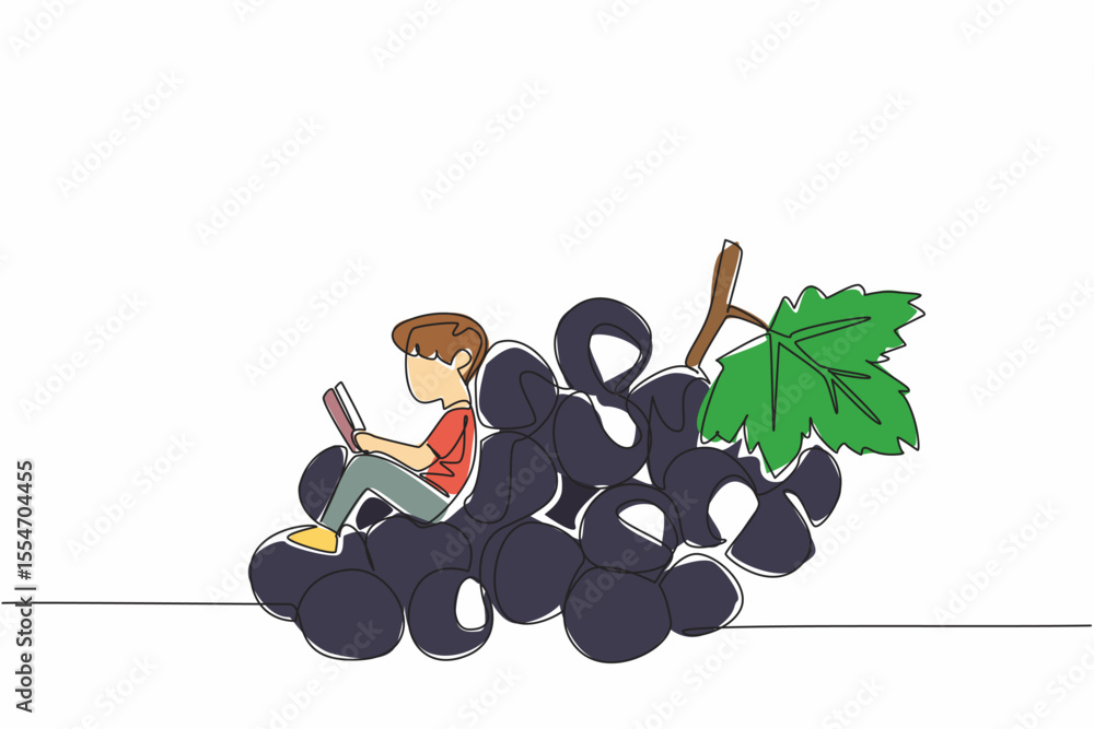 Poster continuous one line drawing boy reading on a pile of grapes. find out properties of grapes based on 