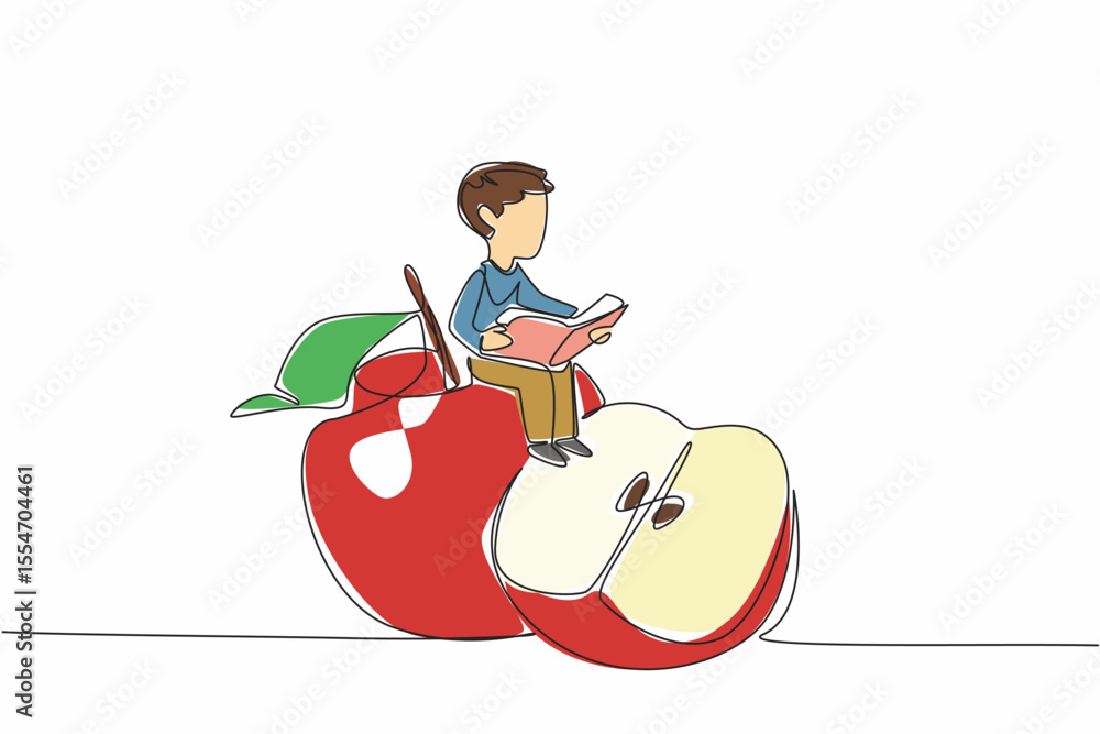 Aufkleber single continuous line drawing young boy reading on apple. sit back and read about the many benefits