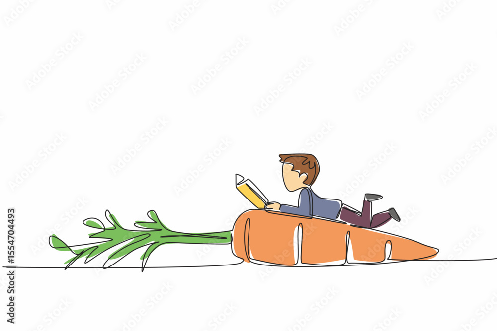 Aufkleber single one line drawing boy reading on carrot with leaves. giving examples of learning that can be d