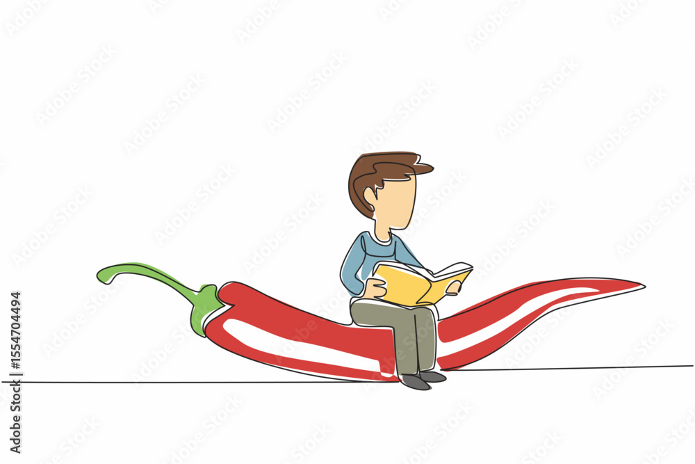 Aufkleber continuous one line drawing young boy reading on chili. always have fun learning to increase knowled