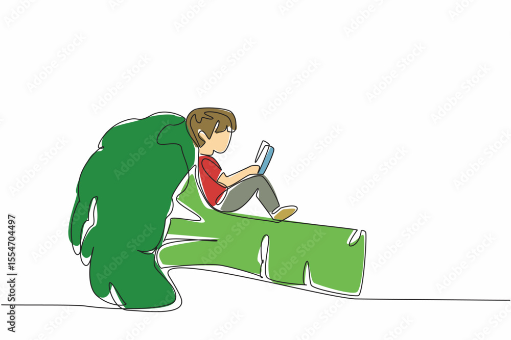 Poster single continuous line drawing boy reading on broccoli. studying agricultural science from an early 