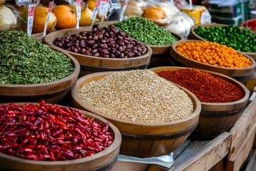 Fototapeta premium Colorful spices and chili peppers overflowing from wooden bowls at market stall