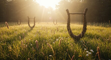 Sunrise over grassy field with wooden arch structures