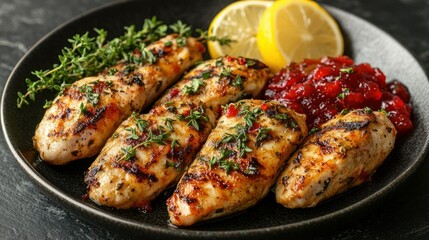 Grilled chicken strips with herbs, lemon, and cranberry sauce