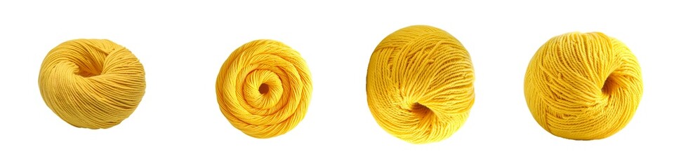 Set of yellow yarn balls isolated on transparent background