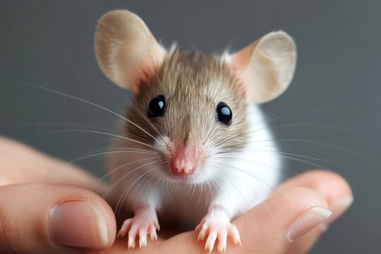 Adorable mouse sitting on hand, small pet enjoying human contact