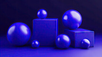 Geometric shapes in deep blue.