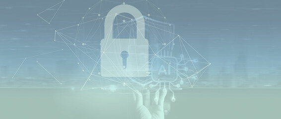AI Cybersecurity Concept with Digital Lock and Network Connections