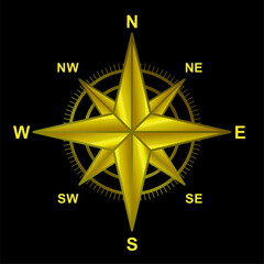 Golden Compass Rose Vector Illustration Isolated on Black Background for Navigation Direction North South East West Design Element