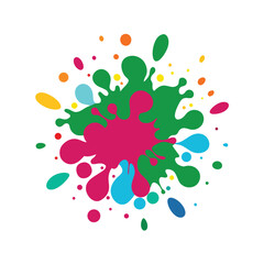Abstract colorful paint splatter in vector style, vibrant droplets of red, cyan, yellow, and magenta scattered dynamically over a clean white background