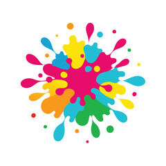 Abstract colorful paint splatter in vector style, vibrant droplets of red, cyan, yellow, and magenta scattered dynamically over a clean white background