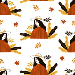 Seamless pattern with Autumn Woman in hat on white background with fall leaves. Vector autumnal illustration. Minimalist hand drawing for design, packaging, wallpaper and textile