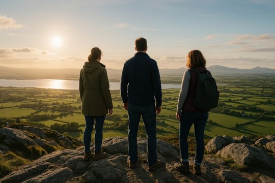 Friends admire scenic sunset.