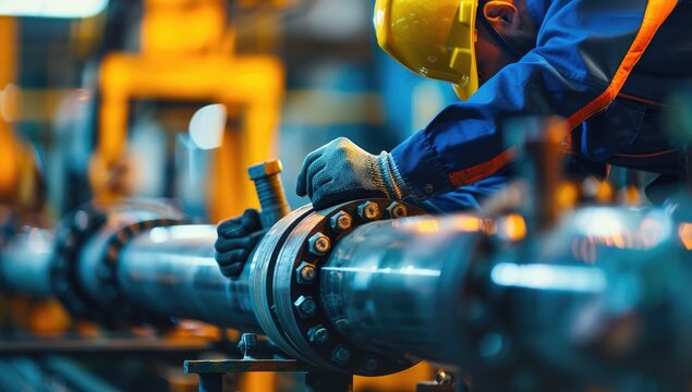 A group of workers working on steel pipes in the factory, close-up of products and equipment for oil and gas exploration and technological development, blurred background