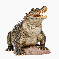 Obraz premium Alligator's Fierce Gaze: A detailed image captures the formidable presence of an alligator, showcasing its open mouth, razor-sharp teeth, and textured hide, poised against a plain backdrop.
