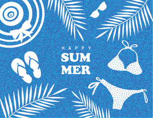 Summer sale banner. Creative vector holiday vacation card with grainy blue pattern and white palm leaves, sea and beach swimsuit, hat, flip flops, sunglasses icons. Template for ads, banner, poster.