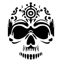 Skull adorned with intricate tribal designs, featuring silhouettes that enhance its artistic and cultural significance.