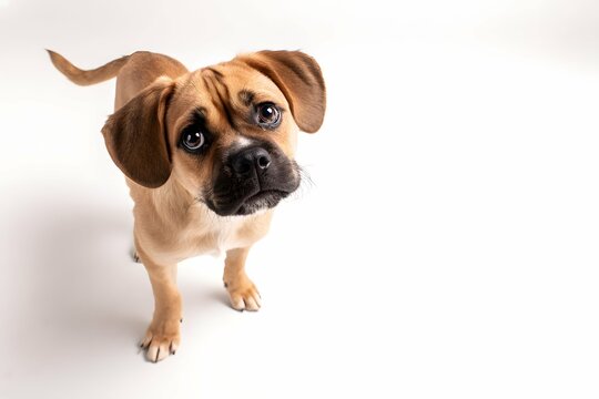 A playful puggle sparks curiosity, blending pug charm in a bright studio as a lively puzzle.