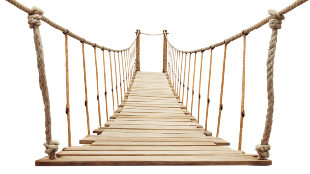 Wooden rope suspension bridge pathway isolated on a transparent background natural