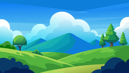 Vibrant cartoon landscape with rolling green hills and majestic blue mountains under a bright sky