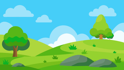 Obraz premium Vibrant cartoon landscape with rolling green hills and fluffy clouds
