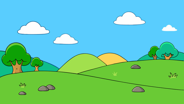 Cartoon landscape with rolling green hills trees and fluffy clouds under a blue sky