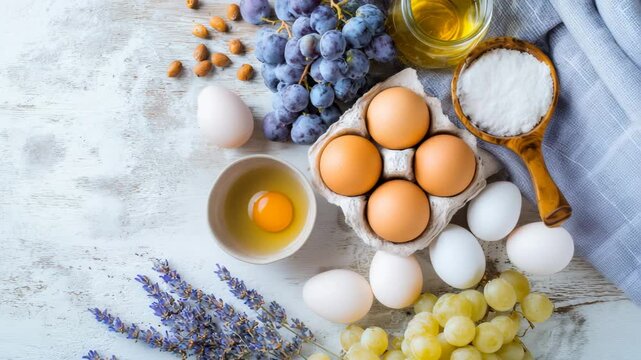 Organic natural ingredients flat lay, still life - eggs, grapes, sugar, honey, flour, lavender - arranged neatly on white cooking table surface, preparing, baking homemade grape cake preparation.
