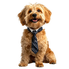 Happy dog wearing a tie, sitting confidently against a transparent background, cutout PNG