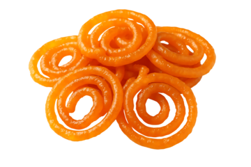 Indian sweet jalebi spiral pieces isolated on transparent background