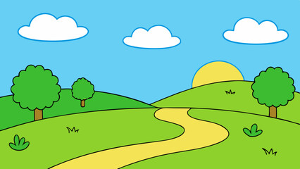 Fototapeta premium Cartoon landscape with rolling green hills a yellow path and fluffy clouds