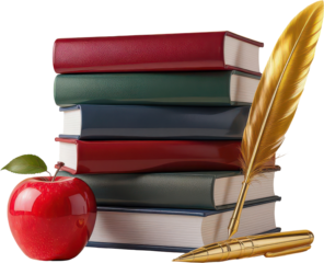Academic books stack, red apple, and golden quill pen for education