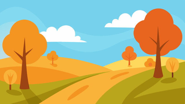 Stylized autumn landscape with rolling hills and colorful trees under a blue sky