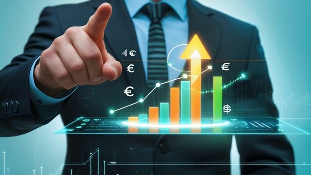 business man hand pushing graph on touch screen interface