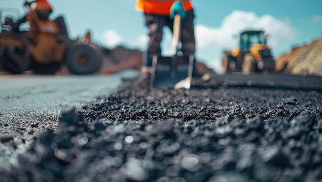 An asphalt road was being built with shovels and workers in the background, construction machinery was on site, a close up of dirt was in the foreground, the blue sky,