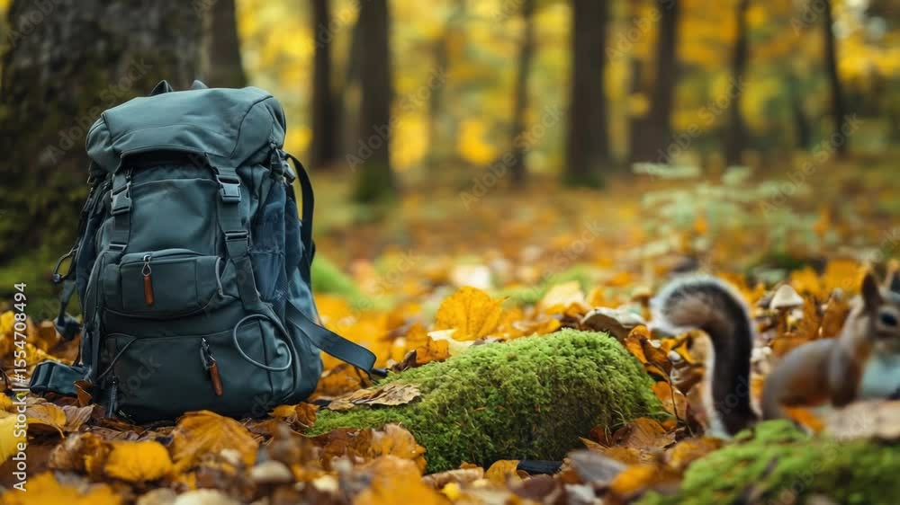 Poster A squirrel is seen sitting next to a backpack in a forest, providing a unique and unexpected scene