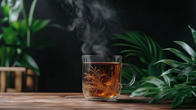 Steaming cup of tea with decorative design, surrounded by lush greenery.