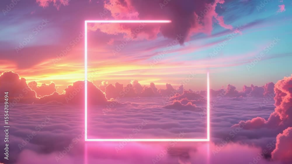 Poster pink neon frame floating in cloudy sky