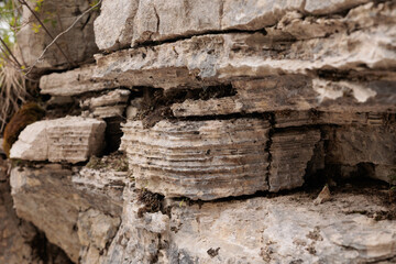 dettagli di vari strati antichi e naturali di roccia di colore grigio chiaro