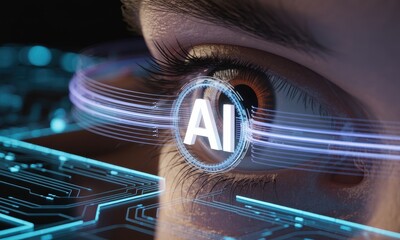 Futuristic human eye with glowing AI symbol and digital data streams for artificial intelligence concept